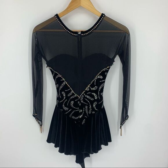 Ice Figure Skating Dress Girls Long Sleeved Black Gymnastics Dress - Picture 10 of 15